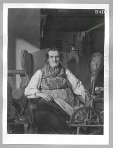 old peasant woman sitting at her spinning wheel