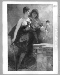 2 allegone female figures with sword,book and mirror ( Justica and wisdom ? ) 2 allegone female figures with sword,book and mirror ( Justica and wisdom ? )