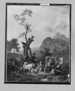landscape with shepherds + castle by Jean-Louis de Marne