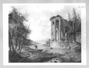 Landscape a river with the ruin of a temple by Hubert Robert