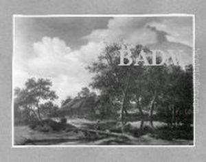 cottages under trees by Meindert Hobbema