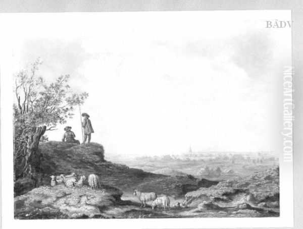 Landschaft mit Schafern und Herde im Vordergrund - view 1
