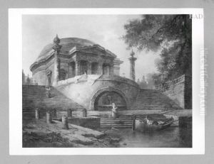 Tempel mit Rundterrasse, Booten und Staffage by Hubert Robert