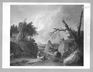 Landscape with antique buildings + figures by Hubert Robert