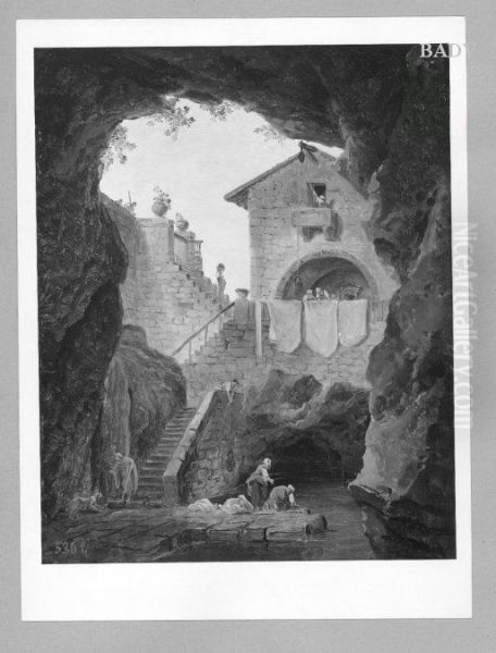 Wascherinnen in einer Grotte mit Ausblick auf ein Haus - view 1