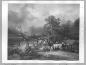 Gewitterstimmung an einem Bergsee mit Heuwagen und Kuhen