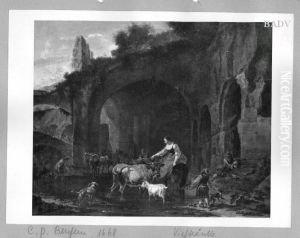 Shepherds+ cattle at a ruin by Nicolaes Pieterszoon Berchem
