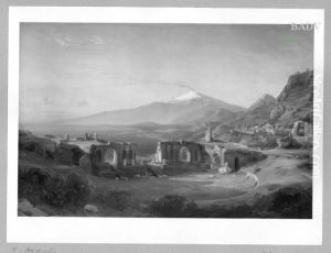 Theater-Ruine in Taormina mit Blick auf den Aethna by Eduard Agricola