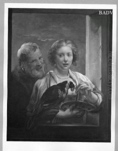 Mann und Frau am Fenster mit Papagei