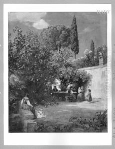 Garten mit Gesellschaft unter bluhenden Oleanderbaumen Garten mit Gesellschaft unter bluhenden Oleanderbaumen