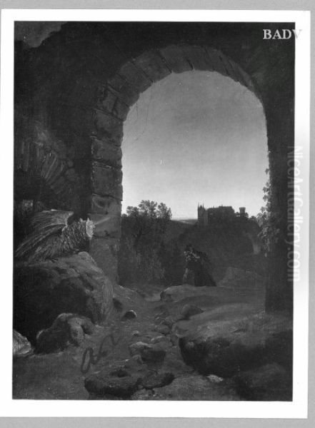 Blick durch einen Rundbogen auf eine Ruine in Abendbeleuchtung (Morgendammerung-Ruine) (Romantische Landschaft mit Opernmotiven) - view 1