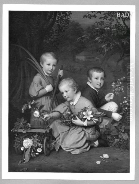 Portr. of three brothers playing with flowers - view 1