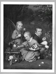 Portr. of three brothers playing with flowers Portr. of three brothers playing with flowers