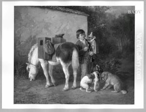 Savoyardenknabe mit kostumierten Affchen, Pony und zwei Hunden