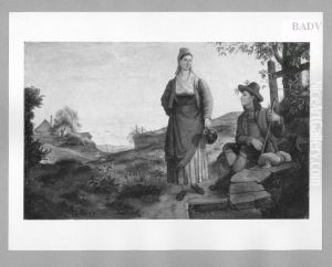 "An der Quelle", Gebirgler mit Bauerin an einem Brunnen by Ferdinand Olivier