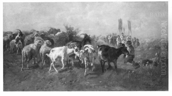 Procession passing cattle in meadow - view 1