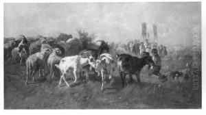 Procession passing cattle in meadow by Anton Braith