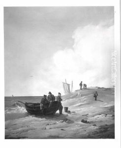 Beach with fisherboat + men by Eduard Magnus