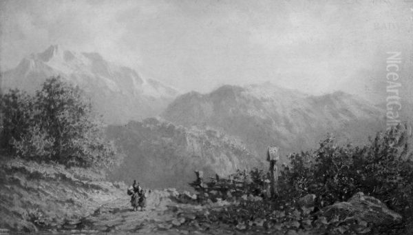 Berglandschaft mit Kreuz und zwei Kindern im Vordergrund - view 1