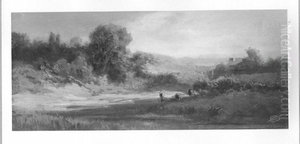 Landschaft mit Bachufer und Hauschen, im Vordergrund Kuhe Landschaft mit Bachufer und Hauschen, im Vordergrund Kuhe