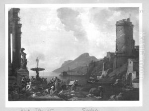 Seehafen mit Befestigungsturm und reicher Staffage