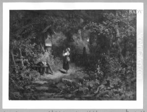 Madchen vor einem Marterl im Walde, rechts ein Fuchs by Carl Spitzweg