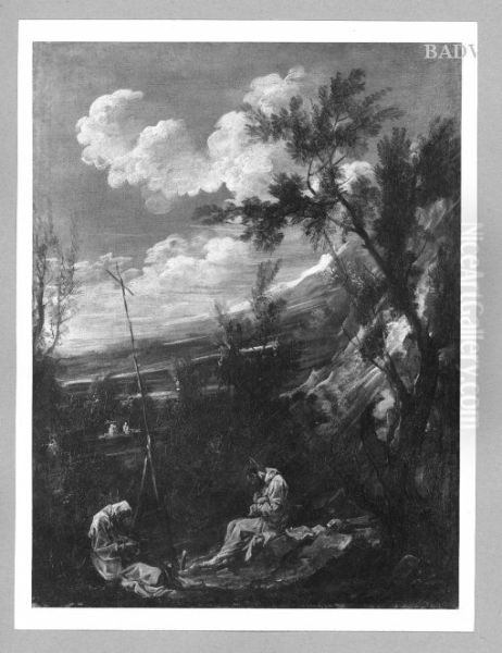 two monk hermits at a mountain slope - view 1