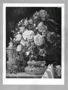 flower-stillife, silver cup and vase on a table