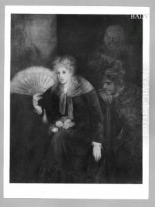 Mieserrima, Madchen mit Facher und Rosen im Schoss und zwei Figuren by Fritz von Uhde