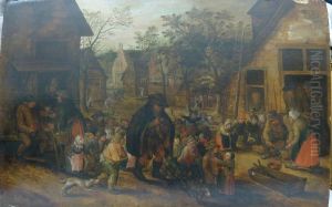 Village street with blind hurdy-gurdy player by David Vinckboons I