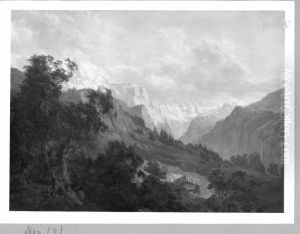 Gebirgslandschaft mit Alm im Vordergrund und Staffage Gebirgslandschaft mit Alm im Vordergrund und Staffage
