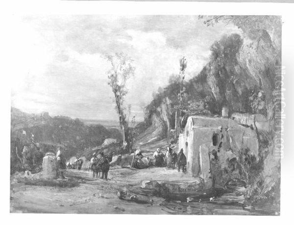 Italienische Landschaft mit Muhle und fahrendem Volk - view 1