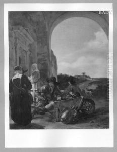 vegetable-sellers at the house-door, 5 figures by Jan Baptist Weenix