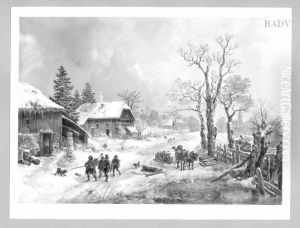 Winter - scenery with farm - houses and group musicians by Heinrich Burkel