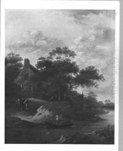 Hollandische Flusslandschaft mit Bauernhutten und Staffage by Jan Wijnants