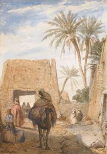 Un Homme A Dos De Chameau Traversant Un Village Arabe