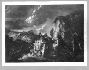 Gebirgslandschaft mit drei Kriegern auf einem Felsen im Vordergrund Gebirgslandschaft mit drei Kriegern auf einem Felsen im Vordergrund