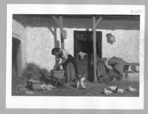 Wascherin mit Kind vor einem Stall (Wasche waschend)