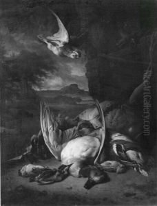 Stilife of many fold, dead birds, Landscape background