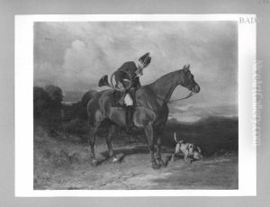 horsemann in a hunt with trompet and dog by Carl Steffeck
