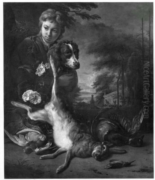 boy with dog, dead hare and birds in landscape - view 1
