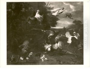Huhnerhof mit einfallendem Bussard, der einen Hahn schlagt by Melchior D'Hondecoeter