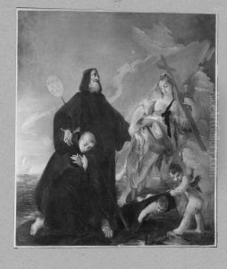 "Caritas", Allegorie, weibliche Gestalt mit zwei Monchen und Engeln "Caritas", Allegorie, weibliche Gestalt mit zwei Monchen und Engeln