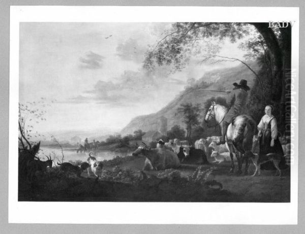 Landschaft mit Reiter im rotem Frack, Hirtin, Kuhen und Schafen - view 1