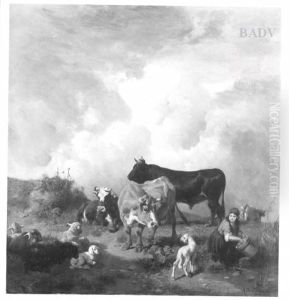 Stier mit zwei Kuhen, Schafen und Sennerin Stier mit zwei Kuhen, Schafen und Sennerin