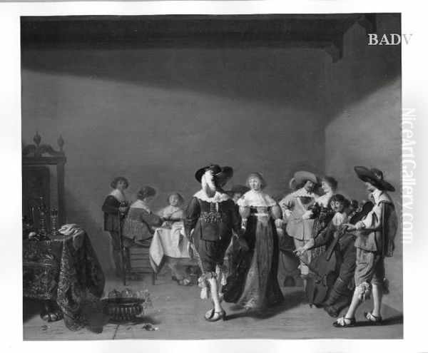 Festliche Tischgesellschaft mit Musikanten und tanzendem Paar - view 1