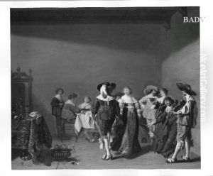Festliche Tischgesellschaft mit Musikanten und tanzendem Paar