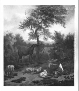 Landschaft mit Hirten, Pferd, Kuh und Schafen by Adriaen Van De Velde