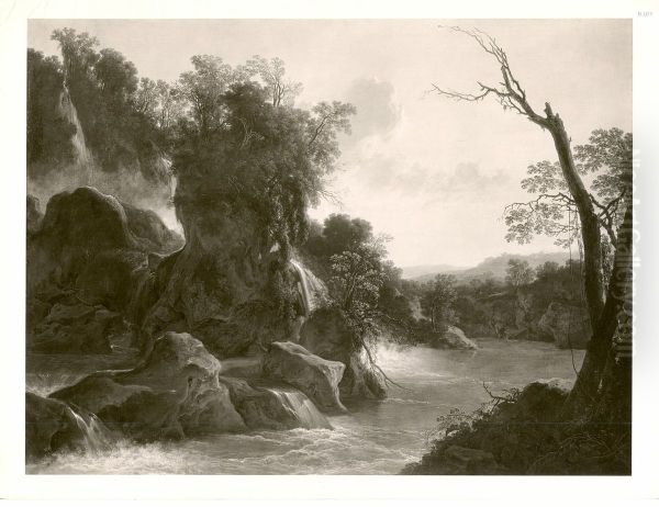 Flusslandschaft mit Felsen und Wasserfall (Schloss Tivoli) - view 1