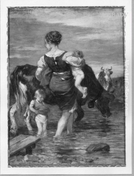 Peasant - woman two ohildren and cows - view 1